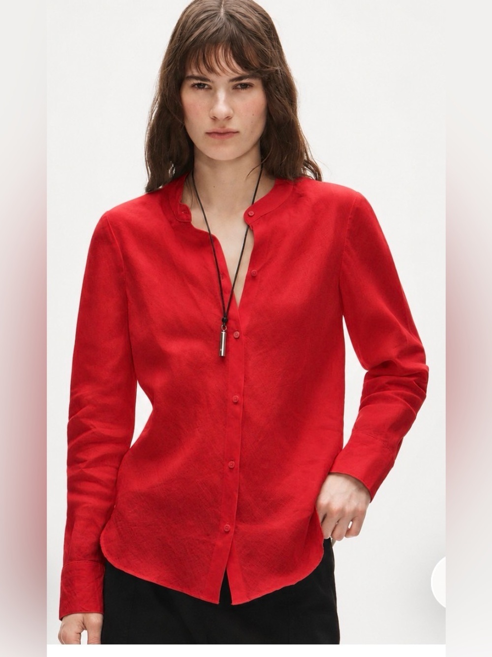 J Crew 10 Bias Cut 100% linen red button down collarless coastal breathable top